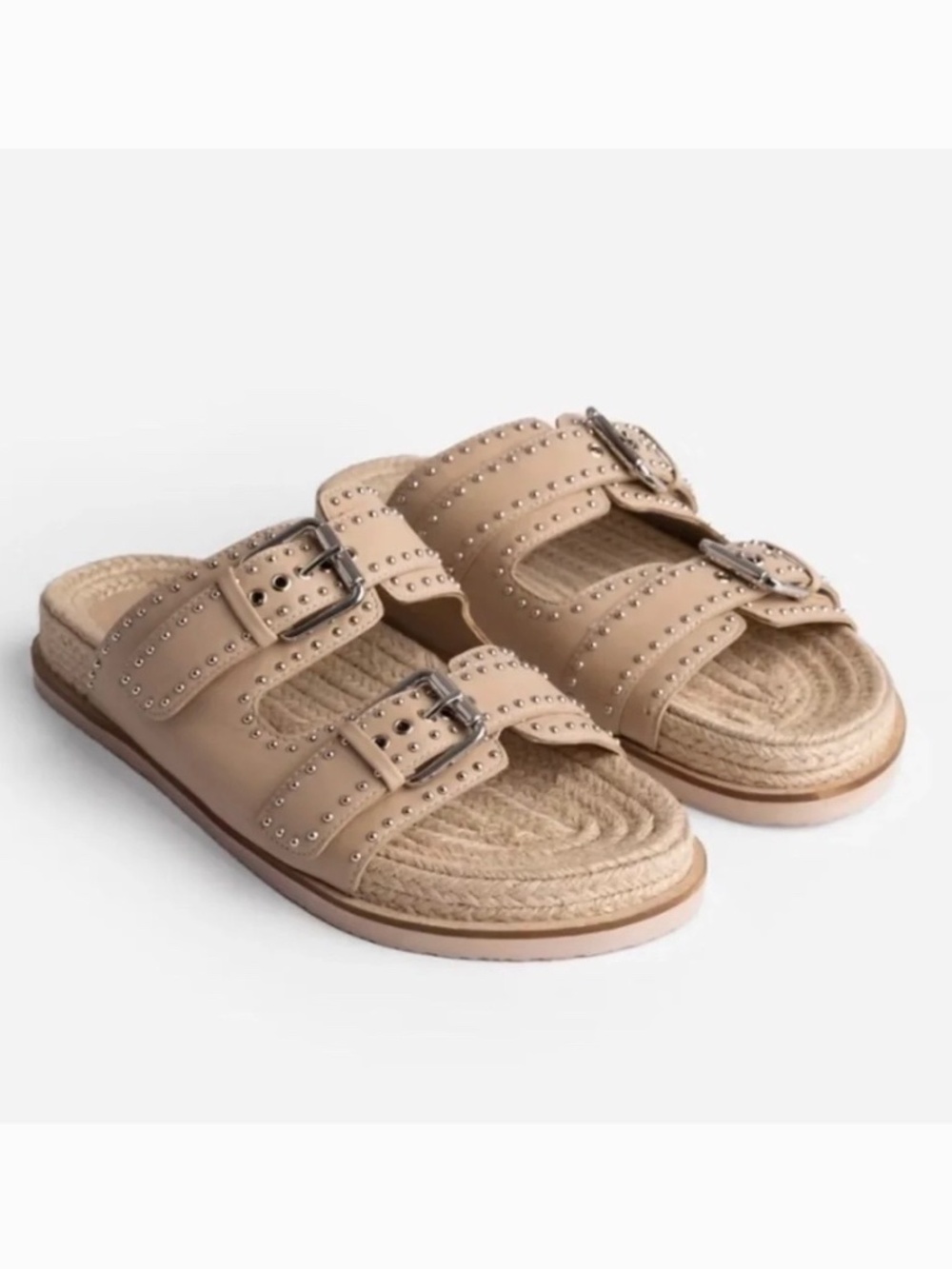 Johnny Was Leather Studded Everyday Buckle Slide Sandal Beige SZ 10